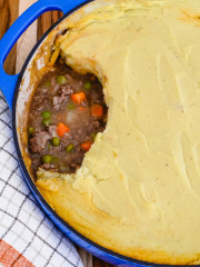 A shallow Dutch oven filled wtih a gluten-free dairy-free cottage pie.