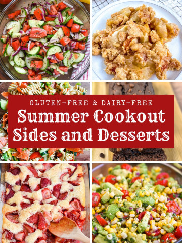 Six different pictures of gluten-free sides and desserts for summer cookouts.