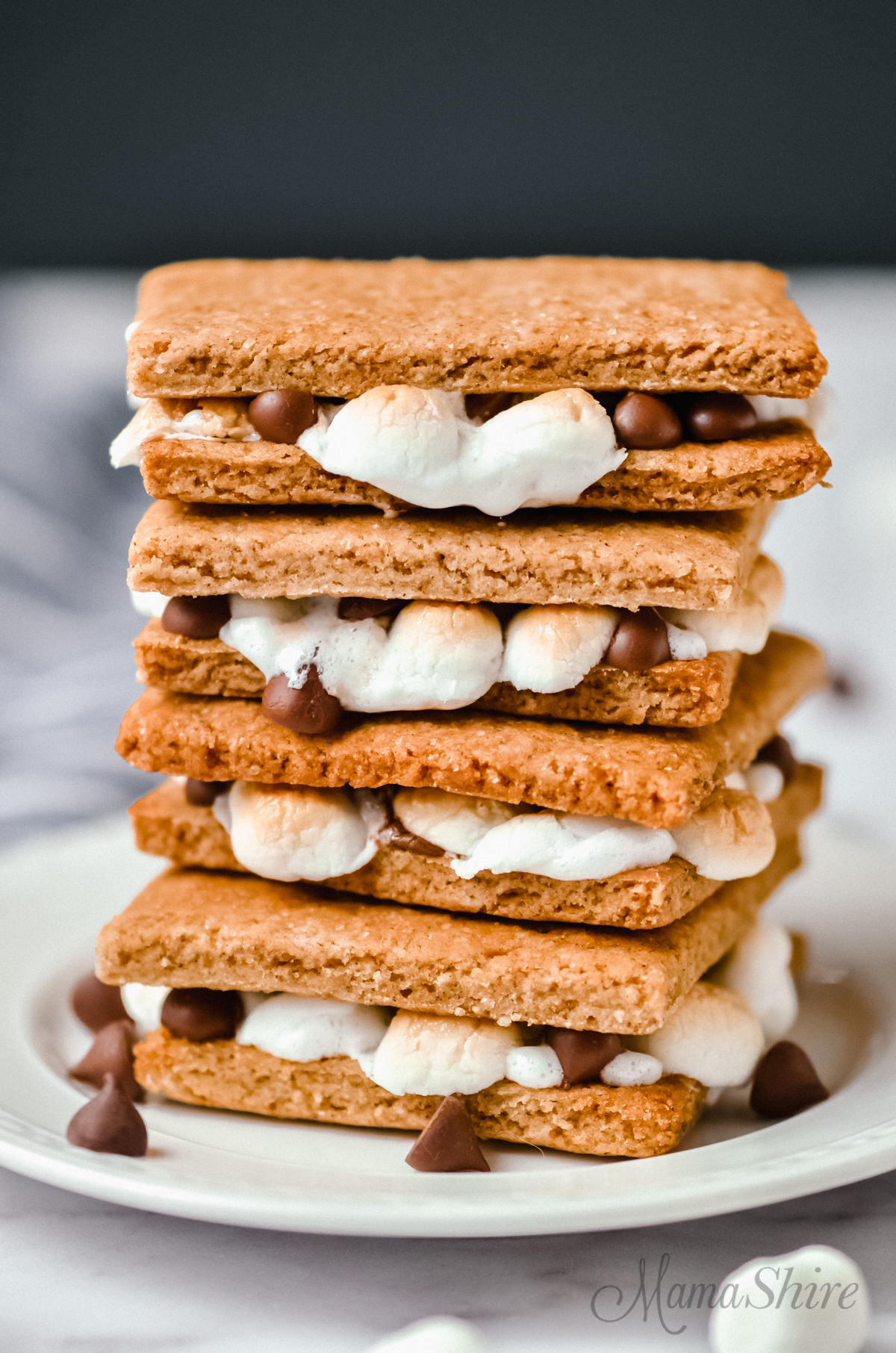 A stack of ooey, gooey gluten-free s'mores that were baked in the oven.