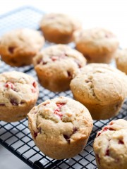 Freshly baked gluten-free muffins with strawberries.