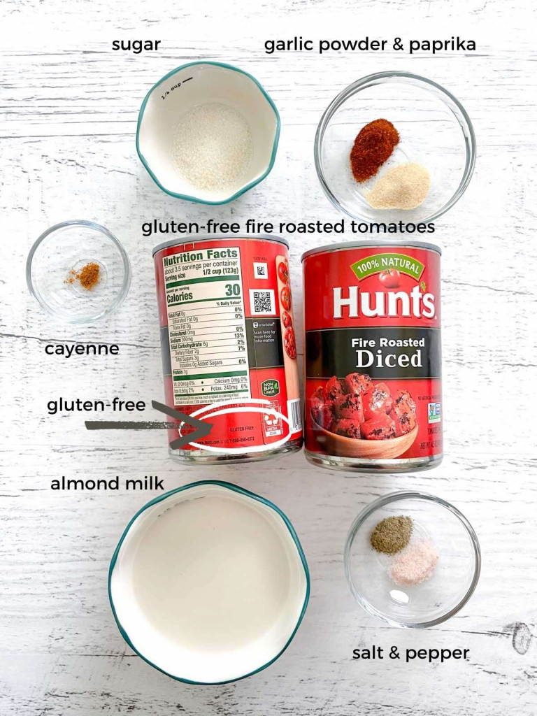 Ingredients for gluten-free tomato soup.