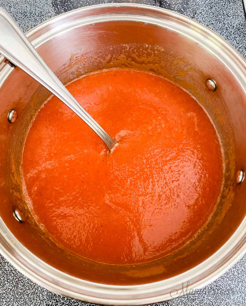Saucepan with homemade tomato soup.
