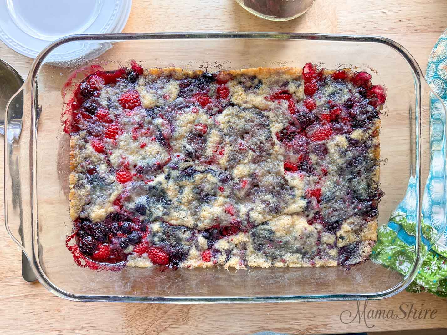 Freshly baked triple berry cobbler.