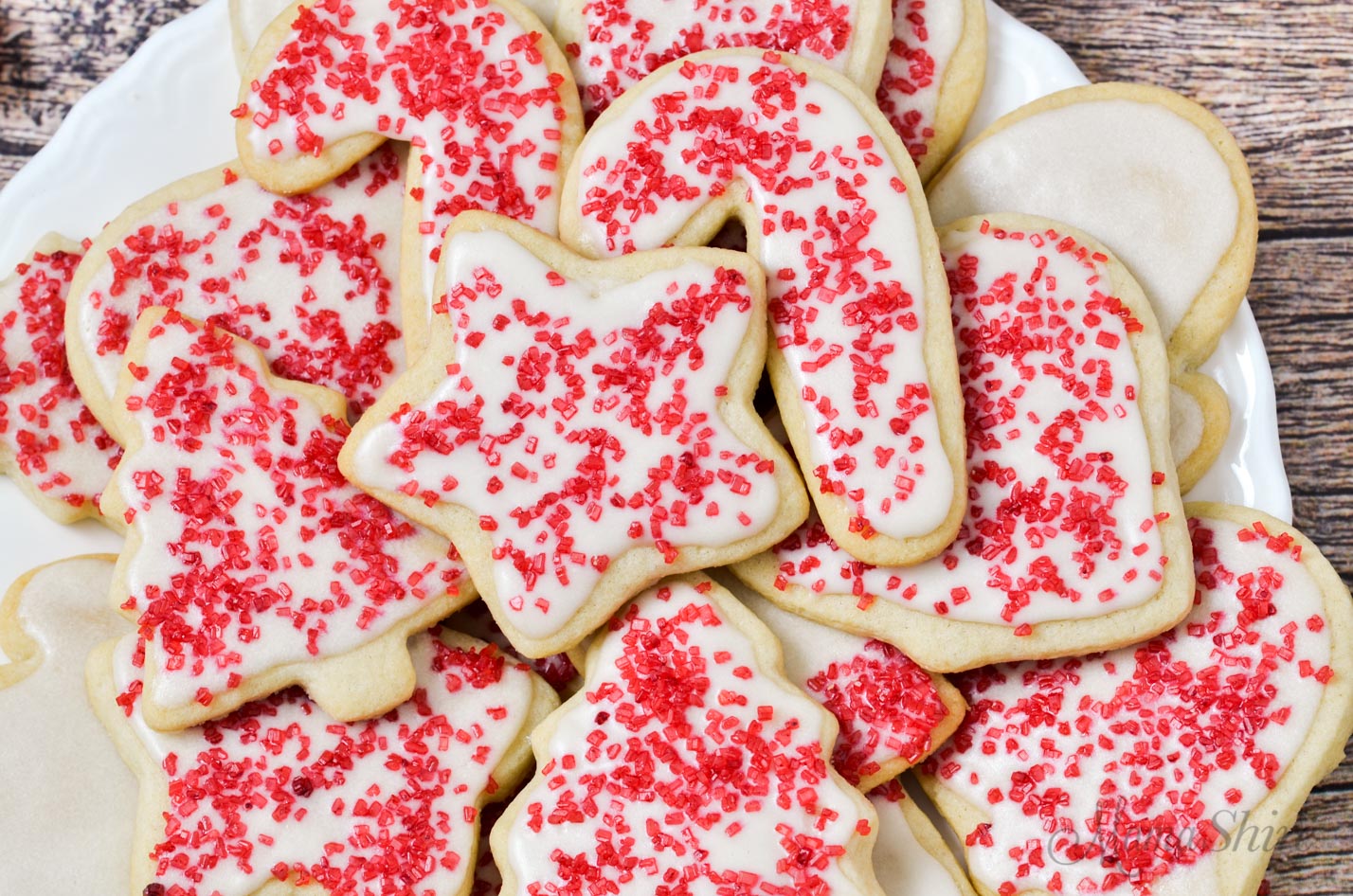 Christmas cut-out cookies made with a gluten-free vanilla sugar cookie recipe.