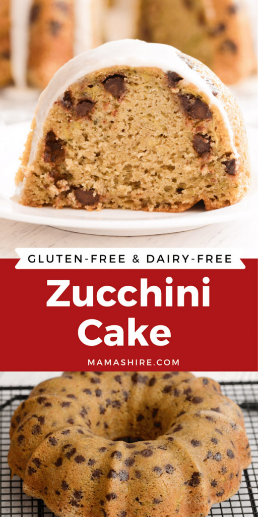 Two pictures with the top one showing a slice of cake and the bottom one showing the gluten-free zucchini cake before putting the icing on.