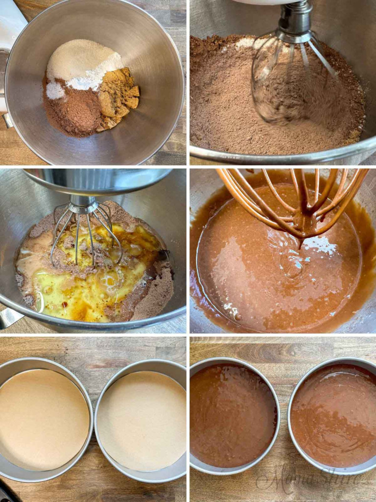 Steps showing how to make gluten-free chocolate cake.