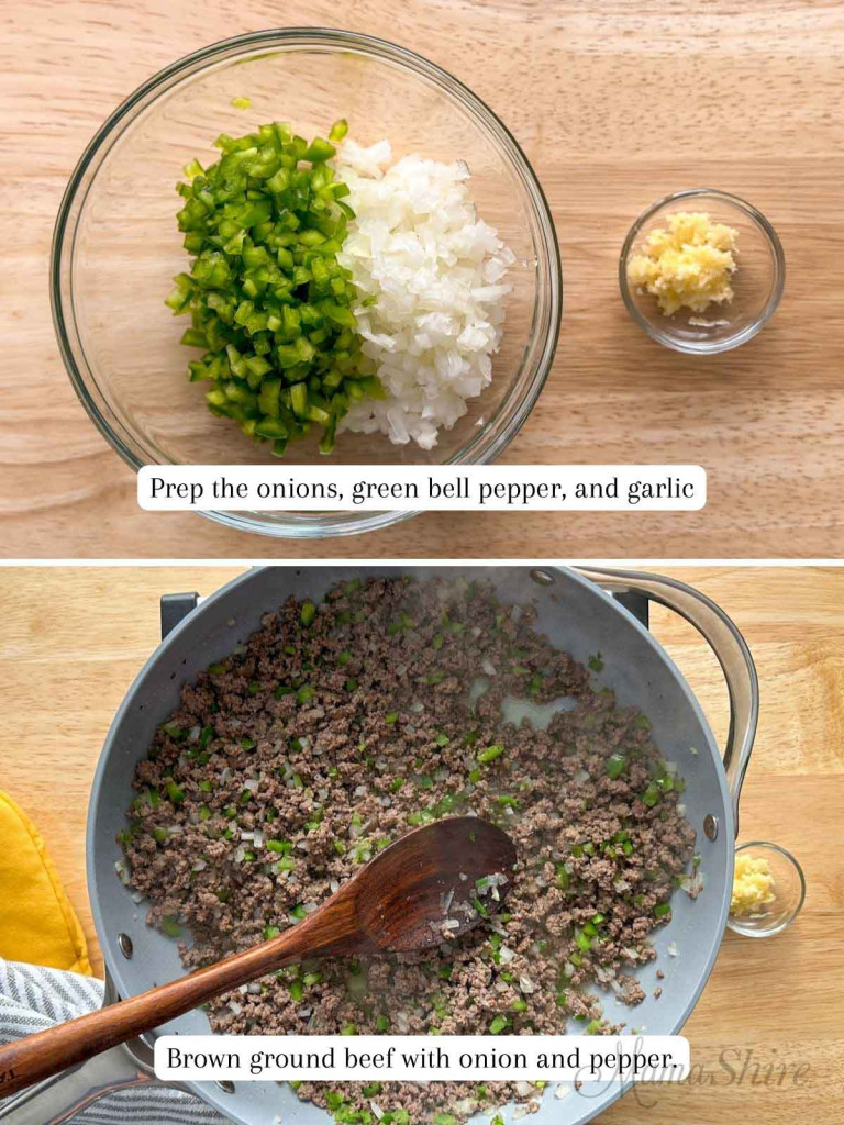 Two pictures showing ingredients and steps to make gluten-free sloppy joes. 
