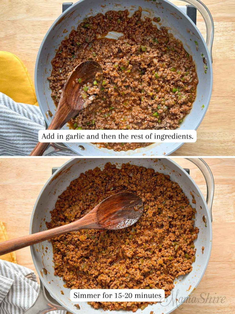 Two pictures showing step on making sloppy joes.