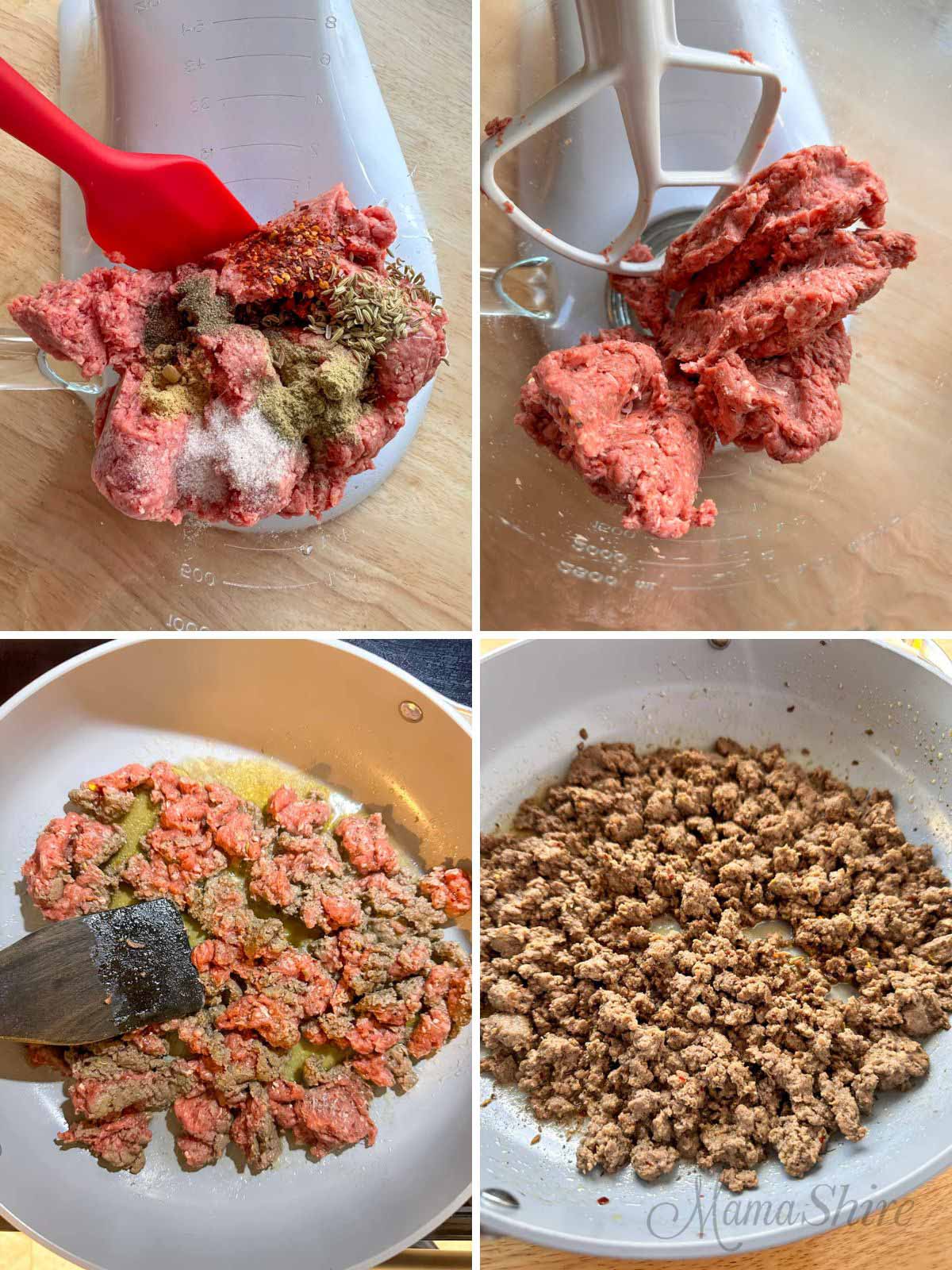 Four pictures of how to make breakfast beef sausage.