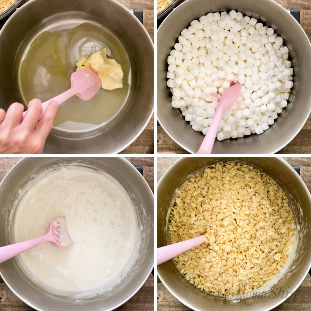 Steps for melting marshmallows and mixing in the gluten-free cereal.