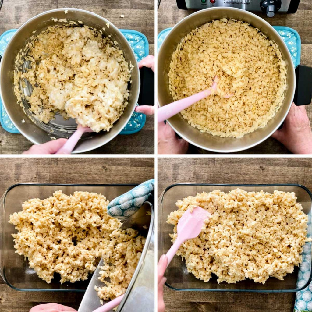 Stirring marshmallows with the gluten-free rice cereal.