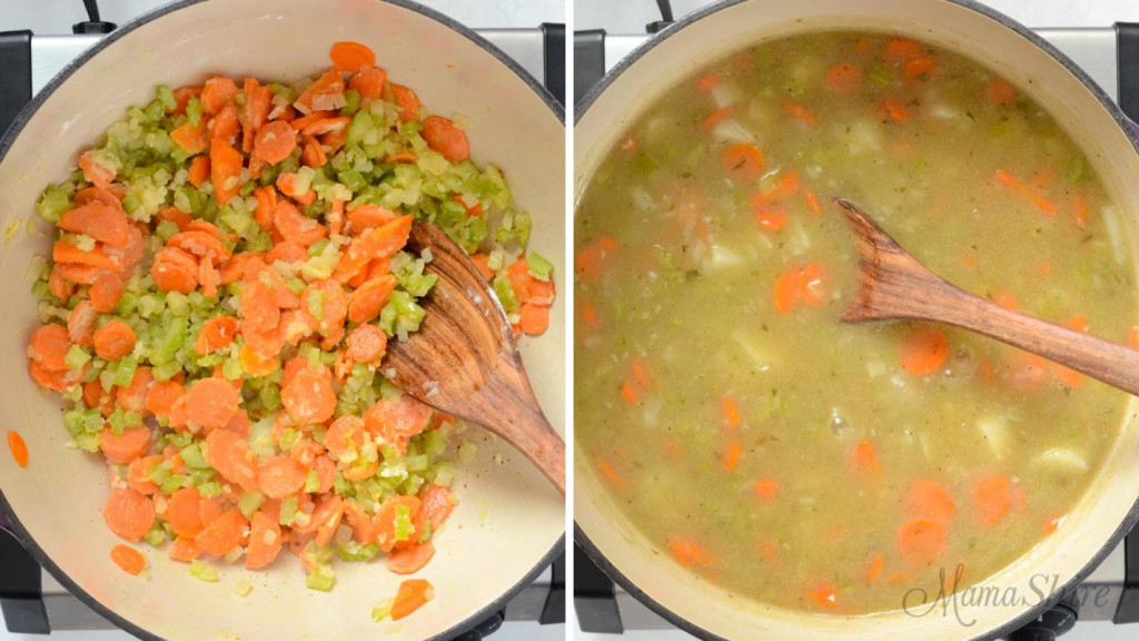 Two images of a dutch oven with steps for making chicken pot pie soup.