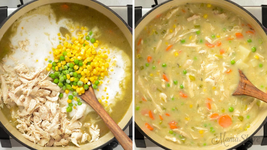 Two images of making chicken soup in a Dutch oven. 