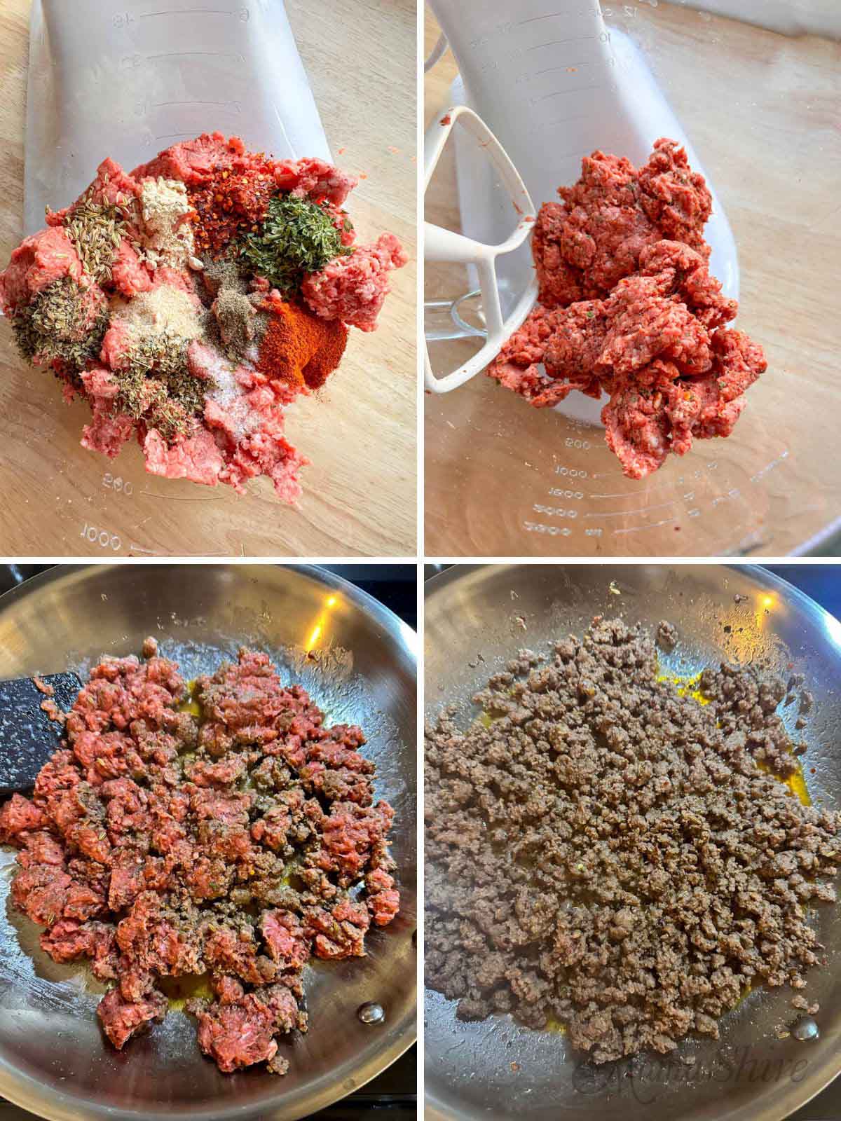 Four pictures showing steps in making Italian beef sausage. 