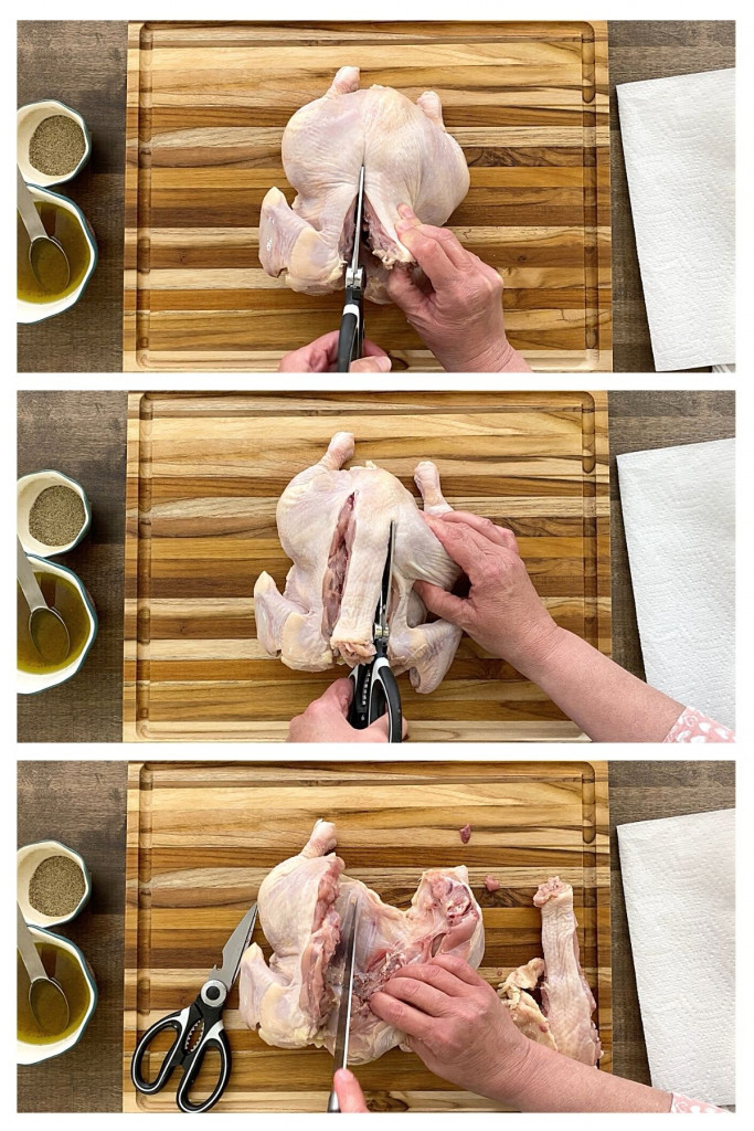Three pictures showing how to cut out the backbone of a chicken.
