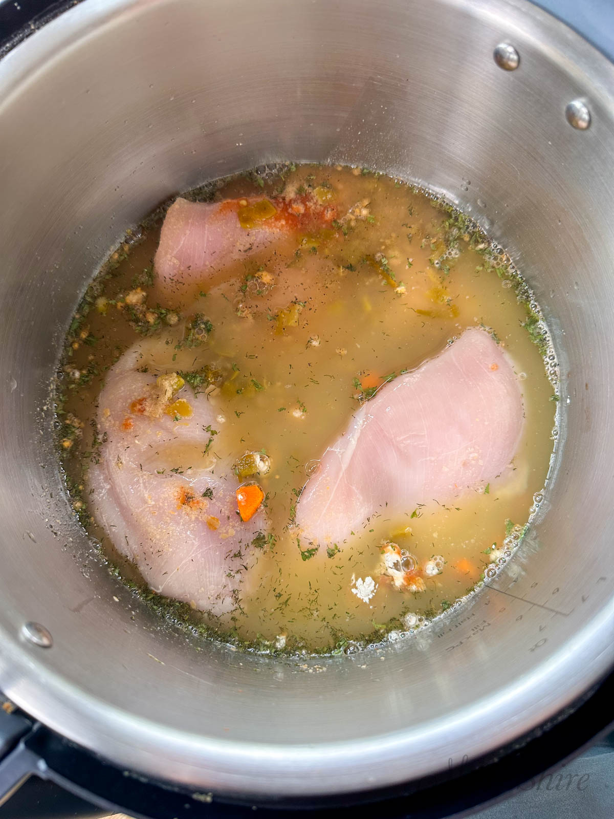 Ingredients for buffalo chicken soup in an Instant Pot.