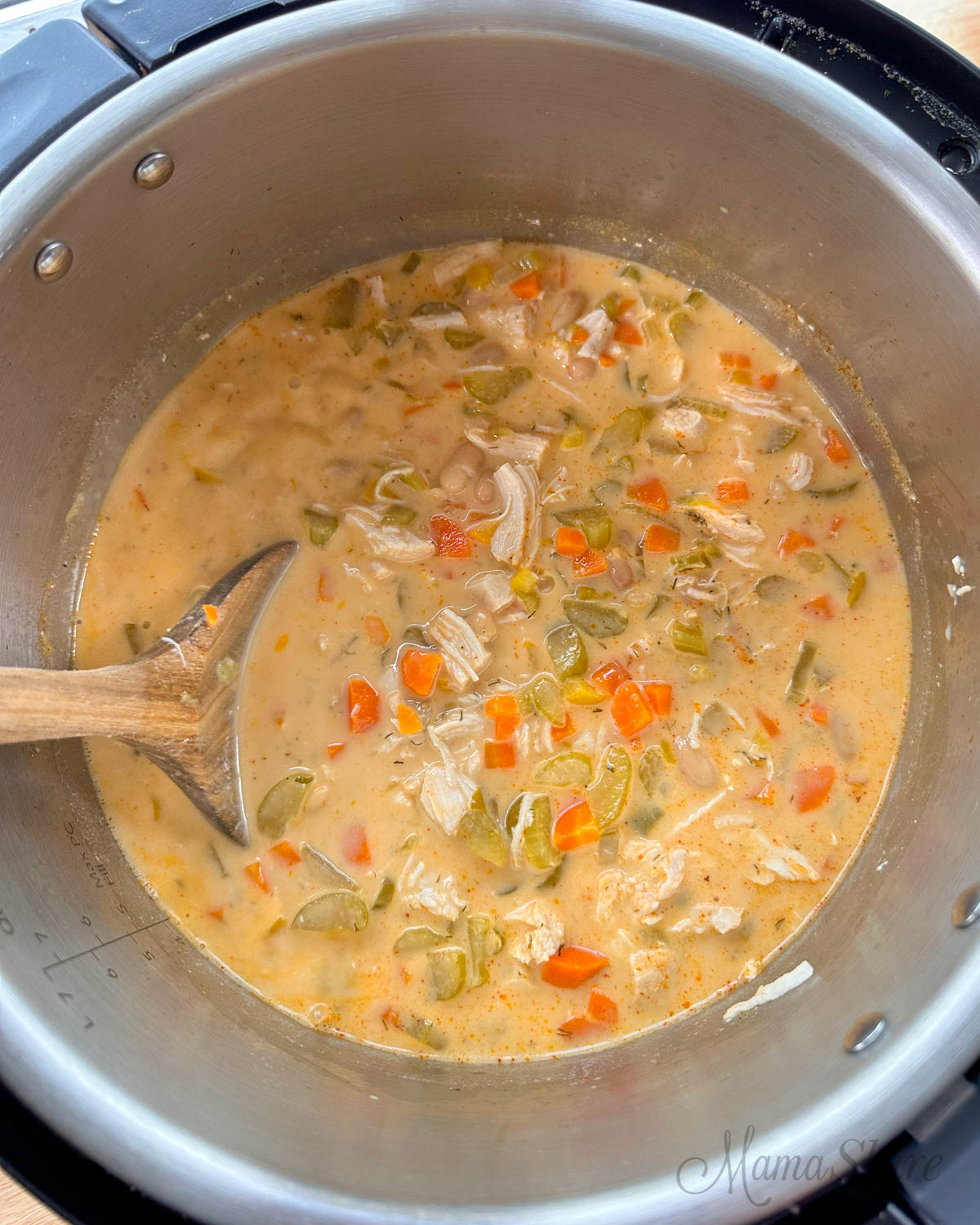 Stirring dairy-free buffalo chicken soup.