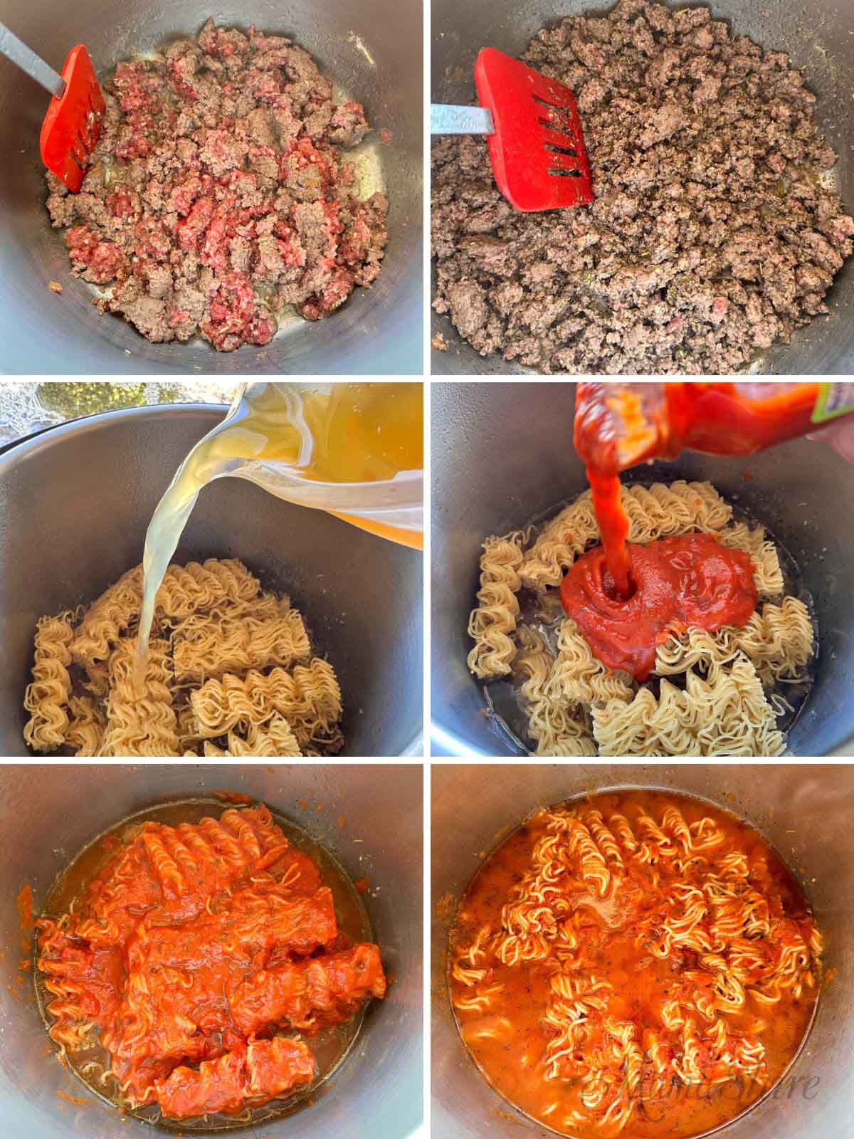 Six pictures showing the steps on how to make Instant Pot Spaghetti with ramen noodles.