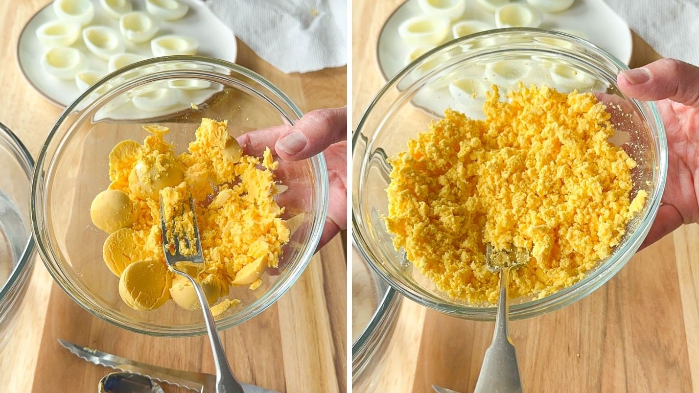 Showing how to mash egg yolks with a fork.