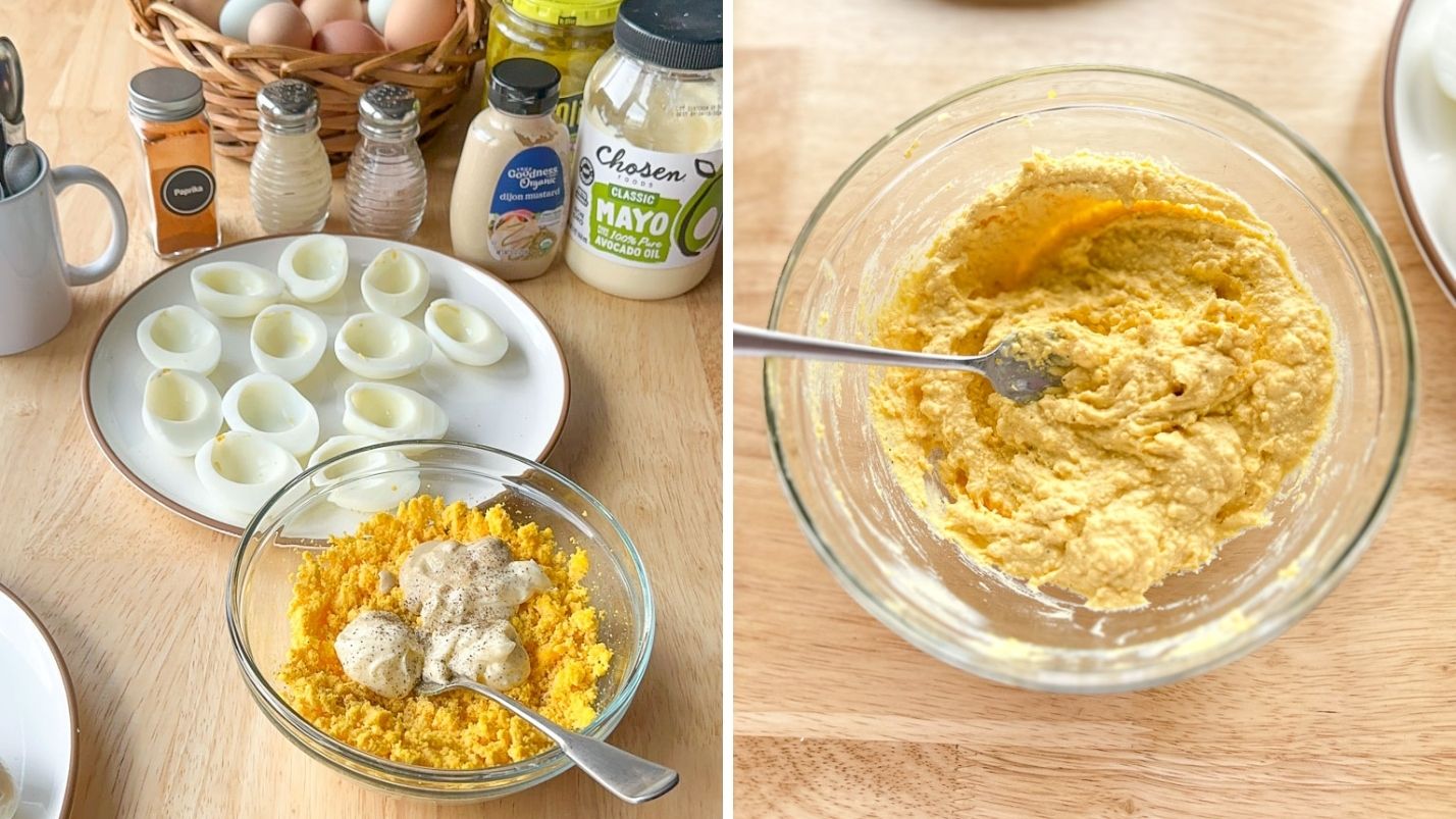 Adding the other ingredients to the egg yolks to make the best deviled eggs.