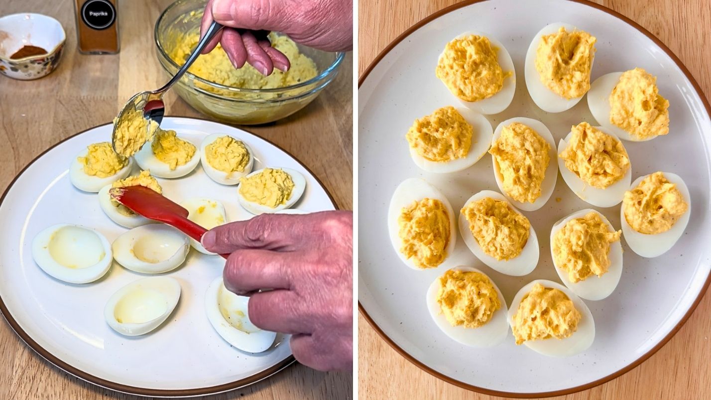 Placing the yolk mixture into the egg whites using a spoon and a spatula to scrape it off the spoon.
