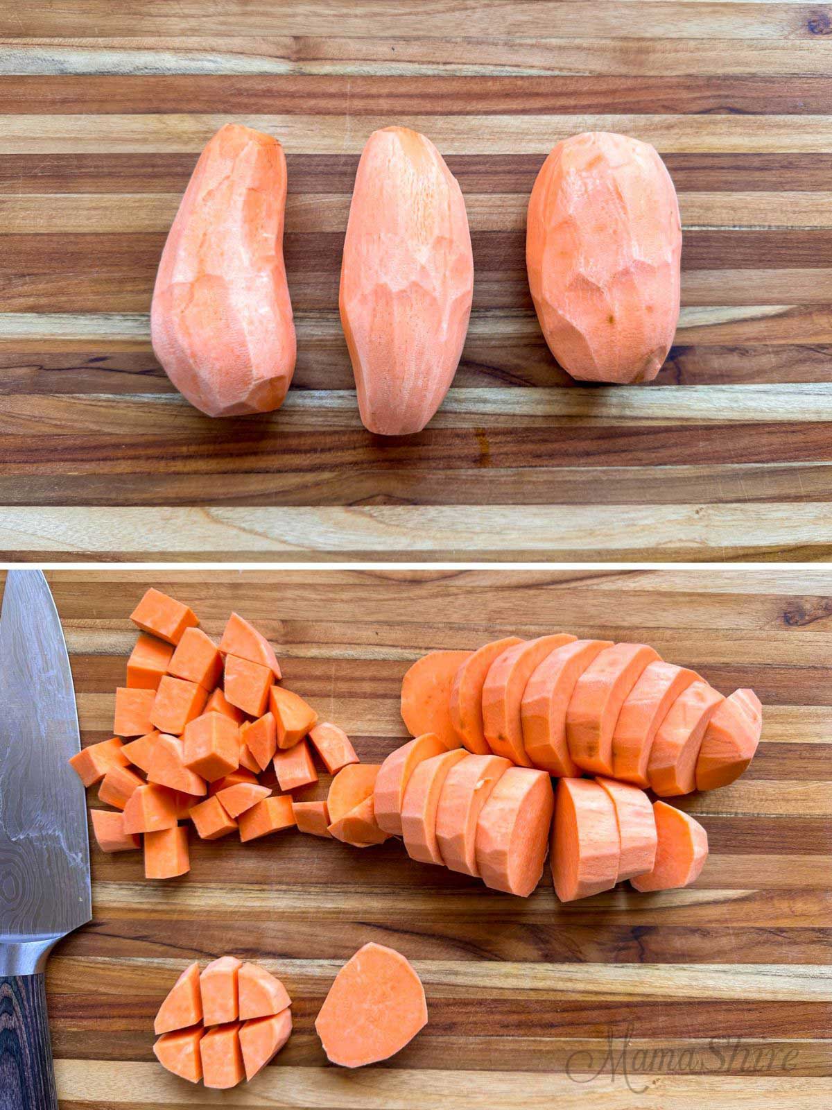 Two pictures with the top one showing three peeled whole sweet potatoes and the bottom pic showing how to cut them for roasting.