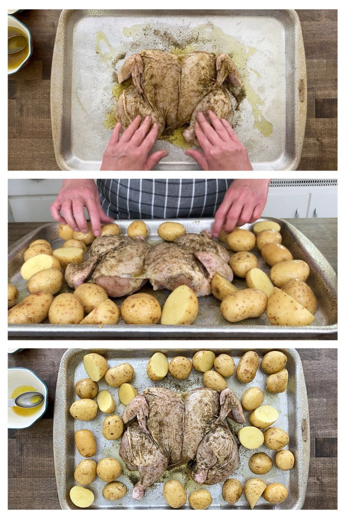Three pictures showing how to place a chicken that has been butterflied and potatoes on a pan to roast.