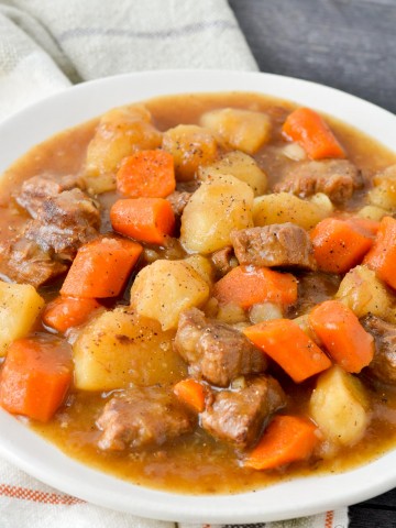 A plate of traditional beef stew made in an Instant Pot and gluten-free.