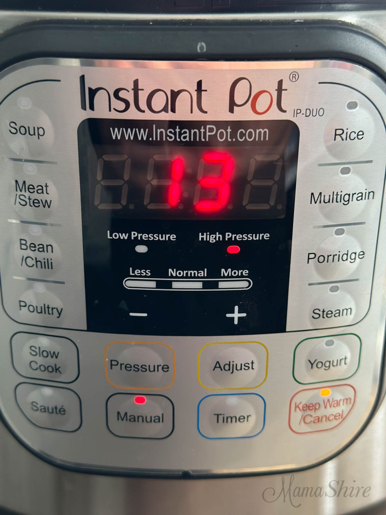 Instant Pot with the setting for manual pressure cooking for 13 minutes.