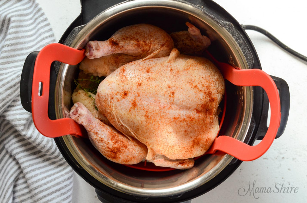 A whole chicken inside the lining of the Instant Pot before cooking. 