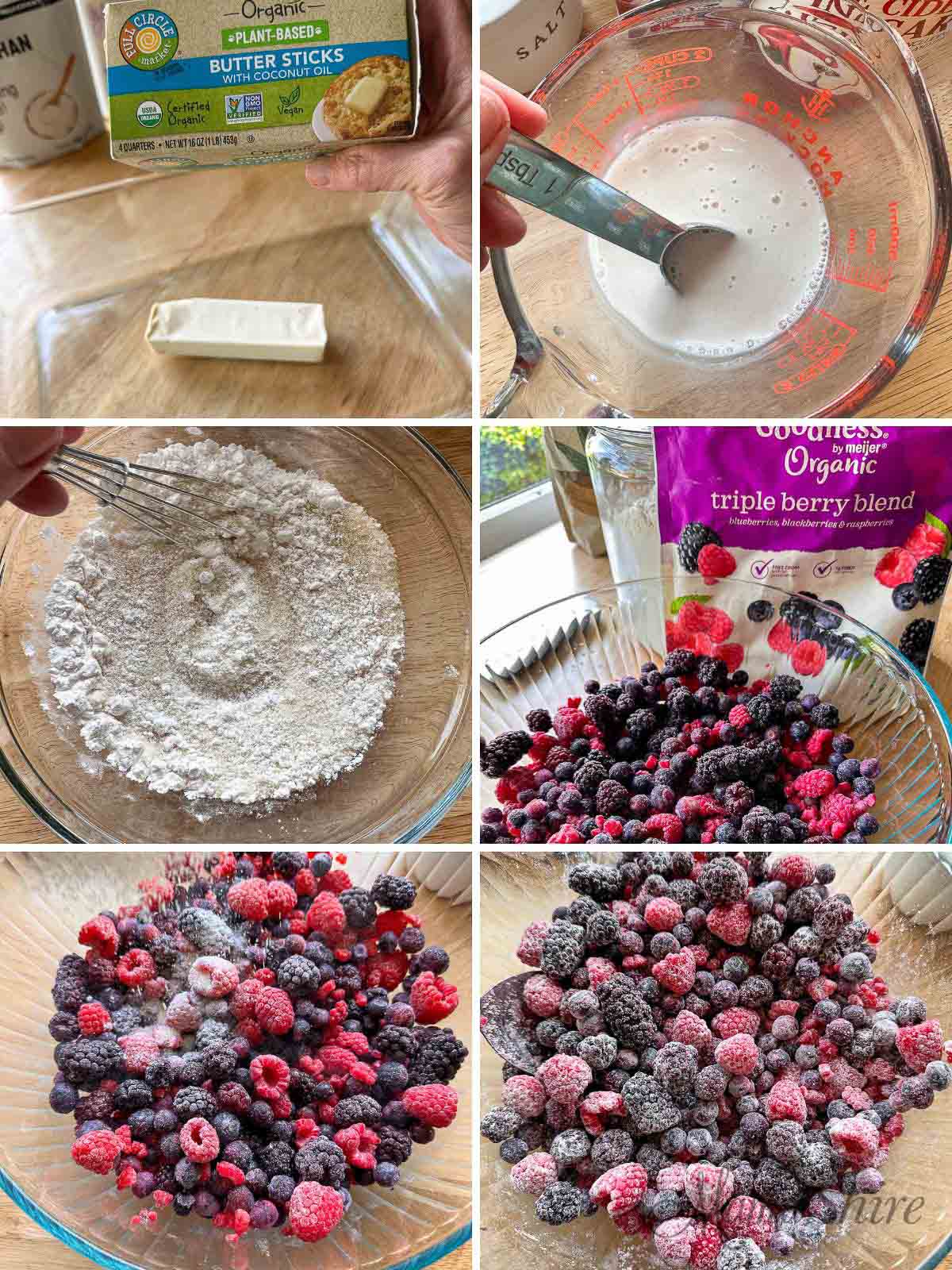 Steps in making gluten-free triple berry cobbler.