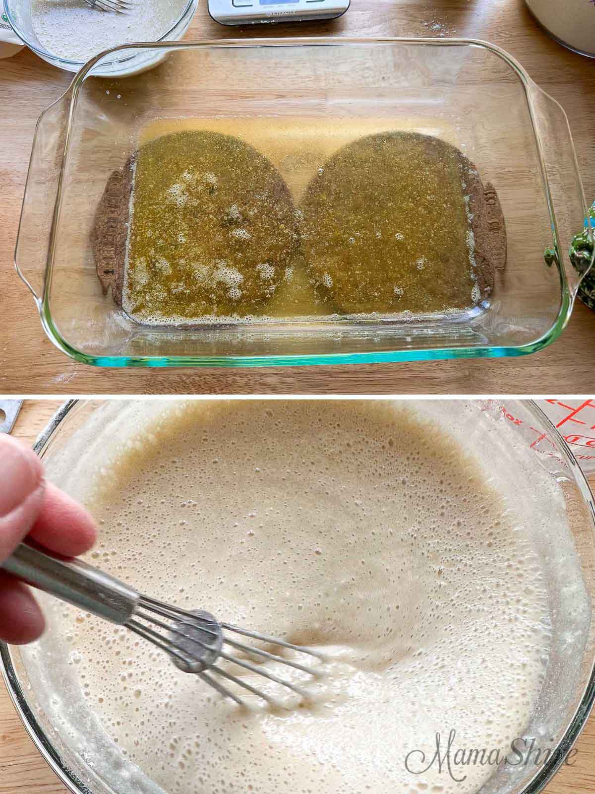 Two pics, the top one shows the dairy-free butter melted in a casserole dish and the bottom