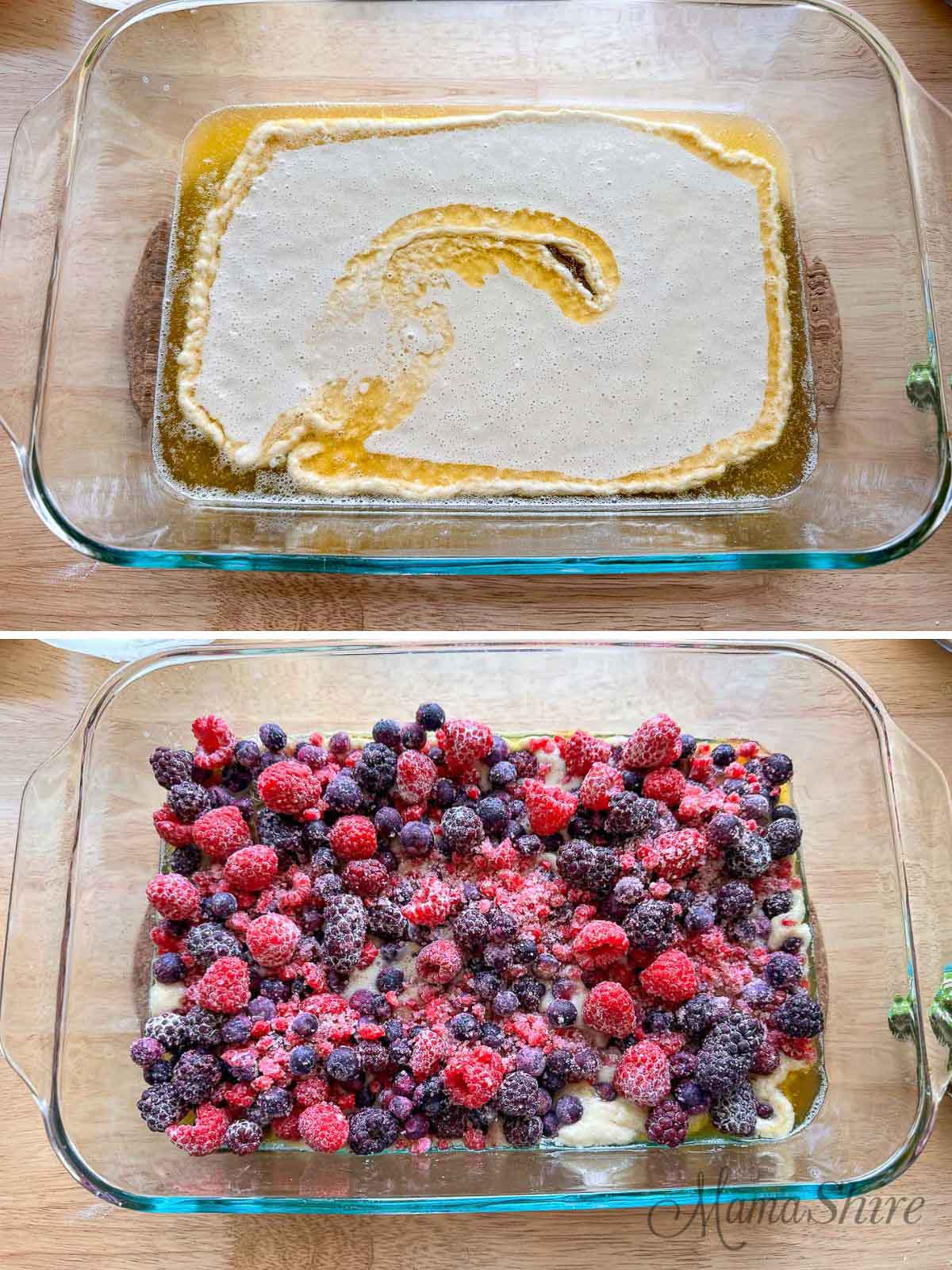 Two pictures showing the steps for making gluten-free triple berry cobbler. Top pic shows the batter and the bottom pic shows the berries on top of the batter.