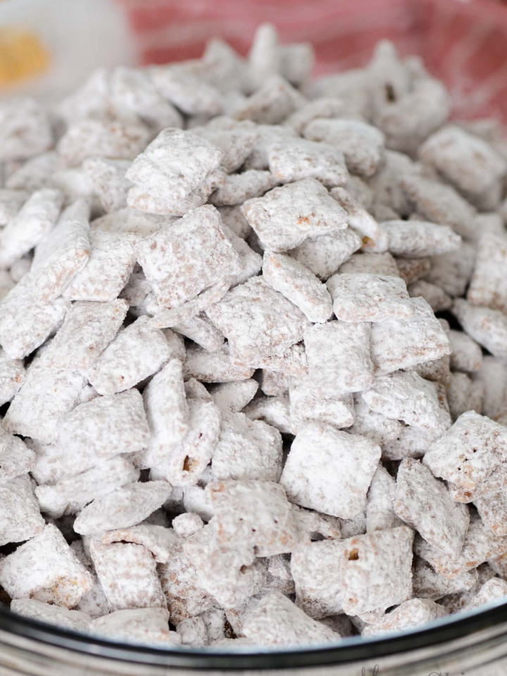 Puppy Chow made with all gluten-free and dairy-free ingredients.