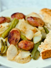 Closeup of easy roasted chicken sausage and potatoes.