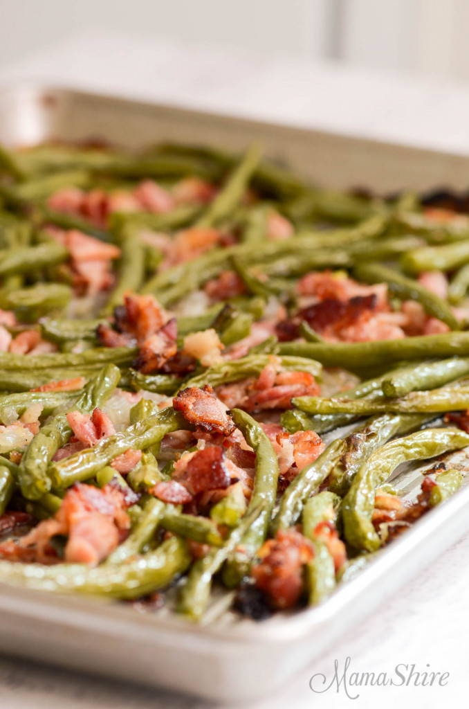 A pan of freshly roasted green beans.