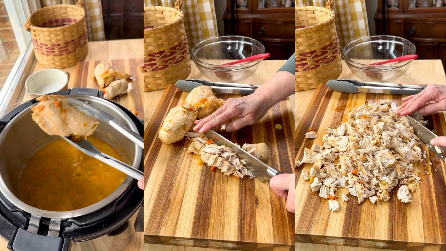 Removing chicken from the Instant Pot and then shredding it.