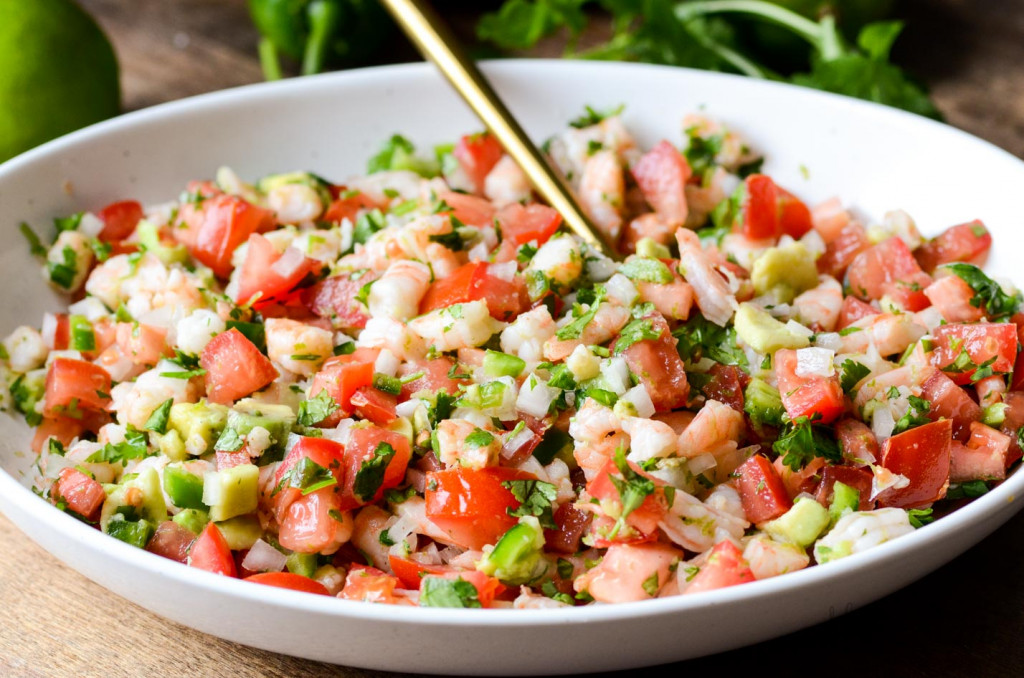A bowl of shrimp ceviche also called shrimp salsa.