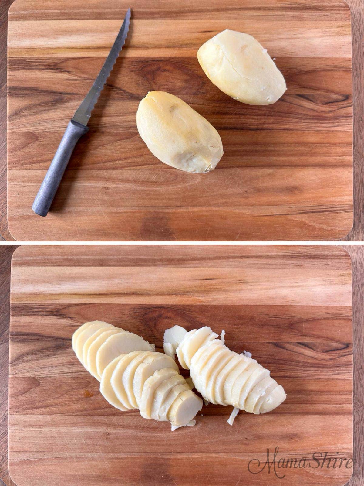 Two cooked potatoes on a cutting board and showing them sliced.