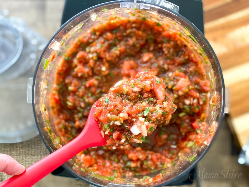 Fresh made salsa that was made with both canned tomatoes and fresh tomatoes in a food processor.