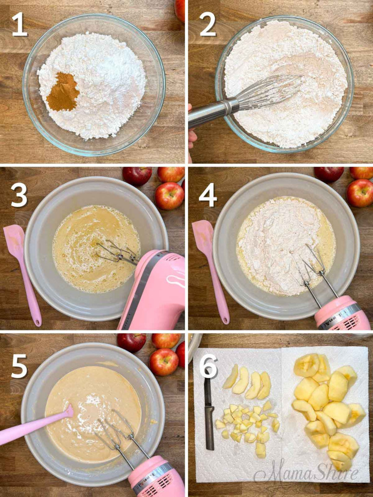 Six pictures showing the steps in making gluten-free apple bundt cake.