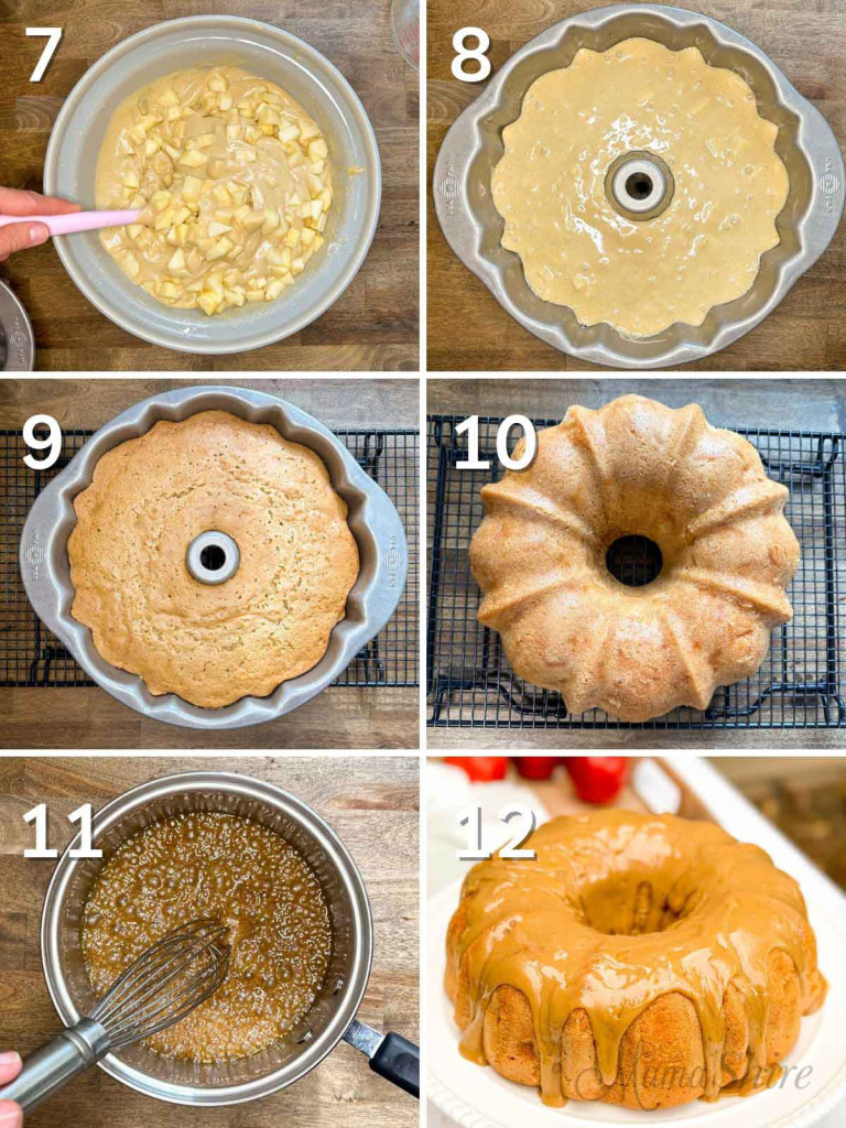 Six pictures showing folding the apples into the batter and placing the batter into the bundt pan. Making caramel icing and icing over the cake.