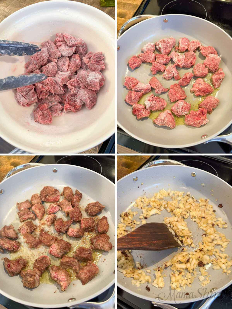 Four pictures showing how to brown beef and onions for gluten-free beef stew.