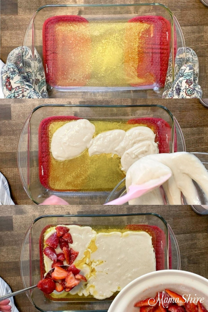 Three pictures showing the steps of melting butter, pouring batter, and spooning strawberries over the batter.