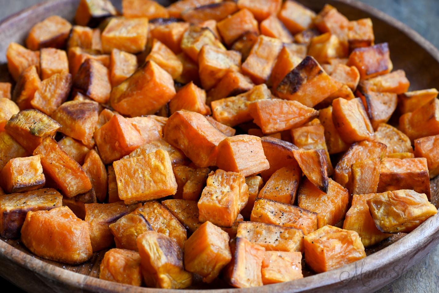 A platter of roasted sweet potatoes.