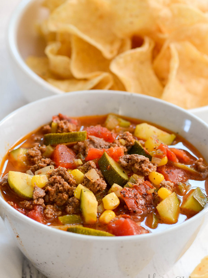 A bowl of gluten-free taco soup with veggies