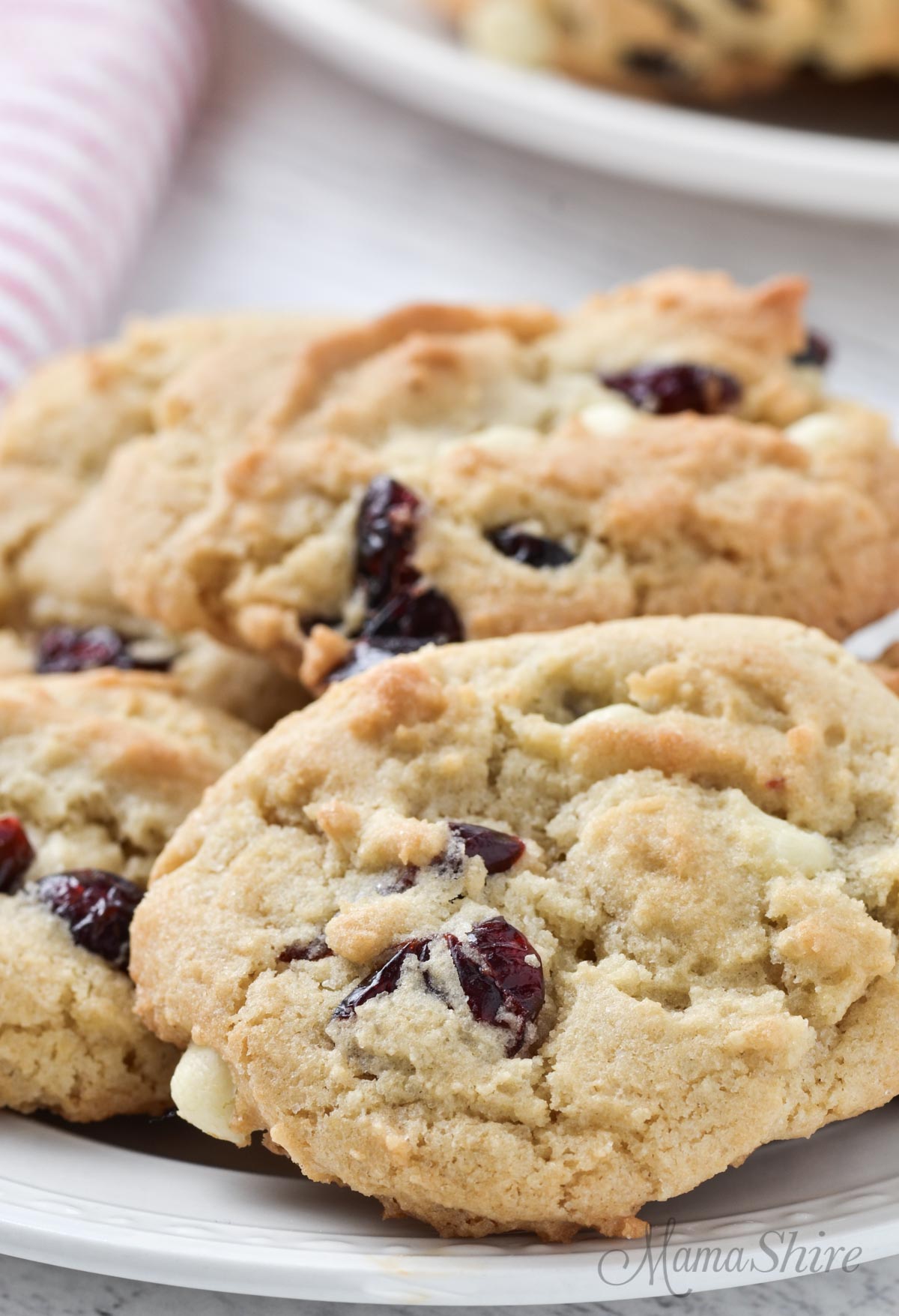 A close-up of a white chocolate cranberry cookie made gluten-free and dairy-free.